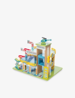 Le Toy Van wooden garage set with car and helicopter, imported from the UK