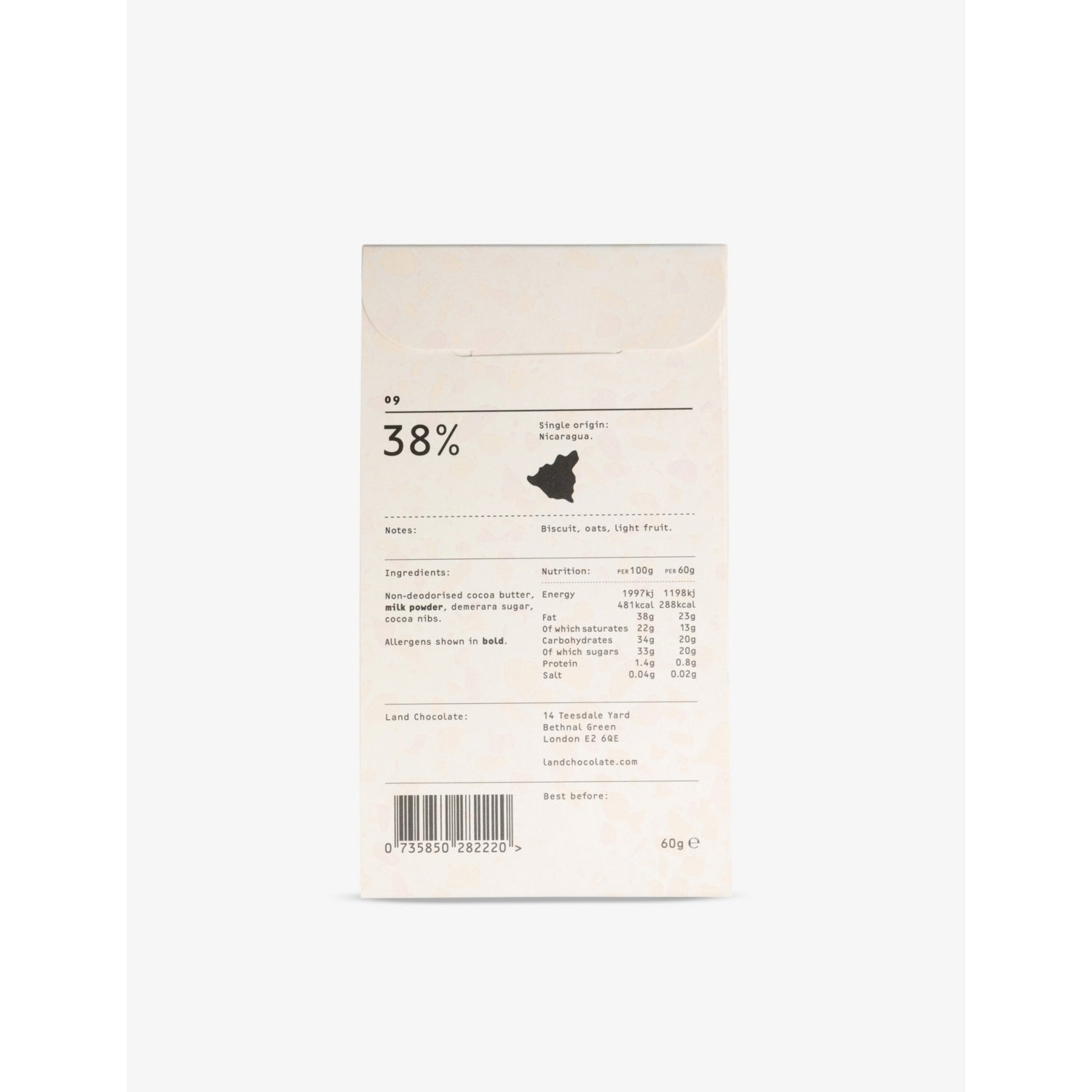 Land white cocoa nibs milk chocolate bar 60g, imported from the UK