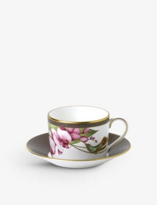 Wedgwood fine bone china teacup and saucer set hummingbird design, imported from the UK