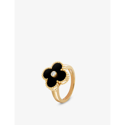 selfridges Van Cleef & Arpels Vintage Alhambra 18ct Yellow Gold Onyx Diamond Ring- Buy online at McGrocer