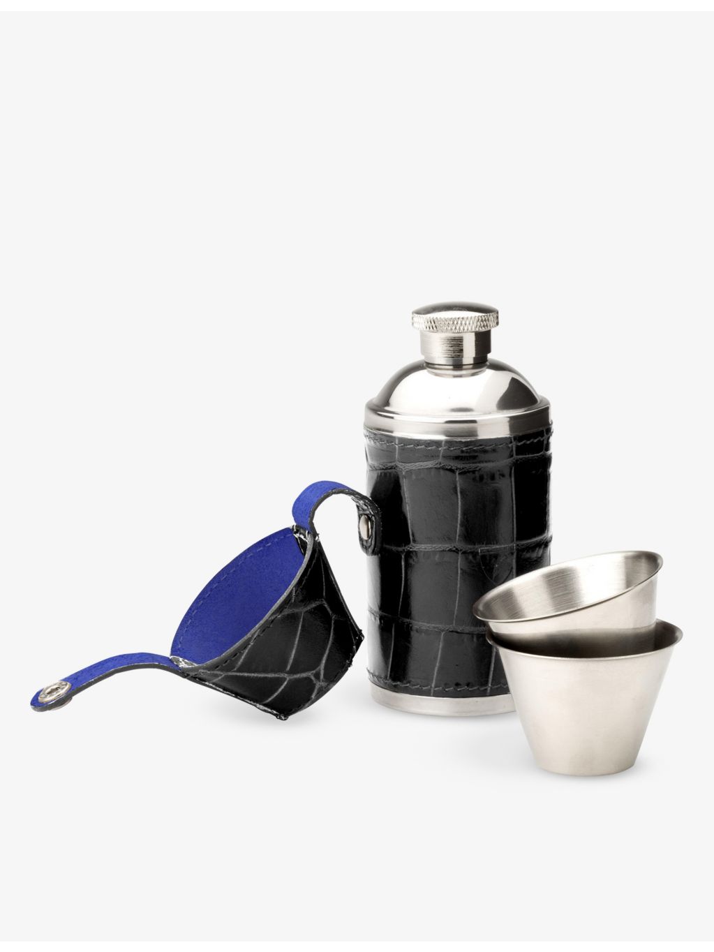 Aspinal of London steel and leather flask set, UK version