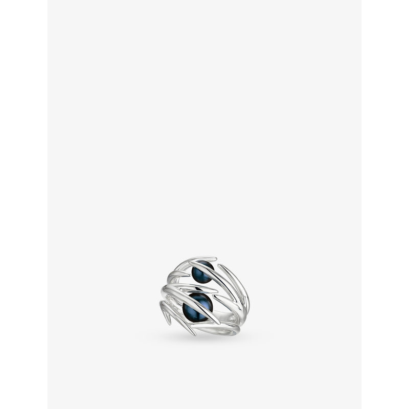 Double Hooked Black-Pearl Sterling-Silver Ring - M