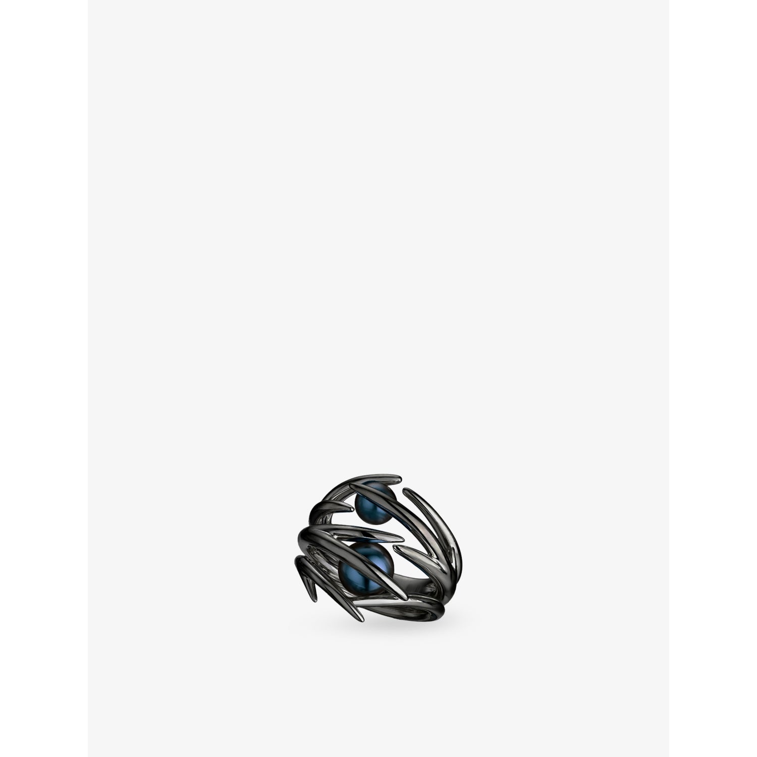 Double Hooked Black-Pearl And Rhodium Ring - M