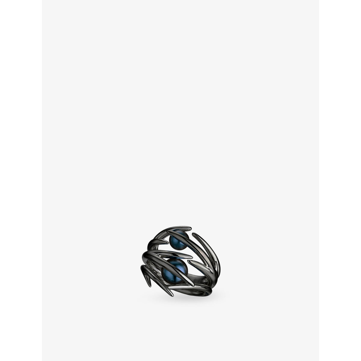 Double Hooked Black-Pearl And Rhodium Ring - M