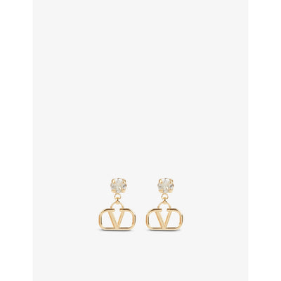 selfridges Valentino Garavani VLOGO Rhinestone-Embellished Gold-Toned Brass Earrings- Buy online at McGrocer