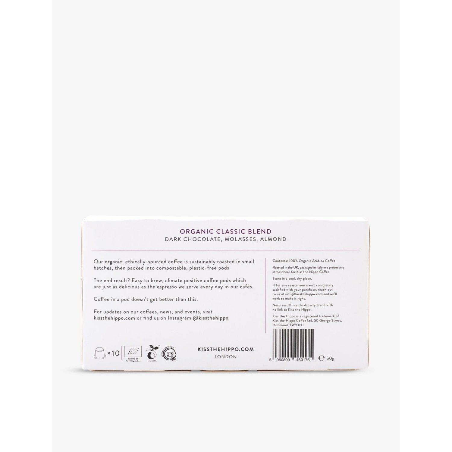 Kiss The Hippo Organic Classic Blend coffee pods 50g (British brand)