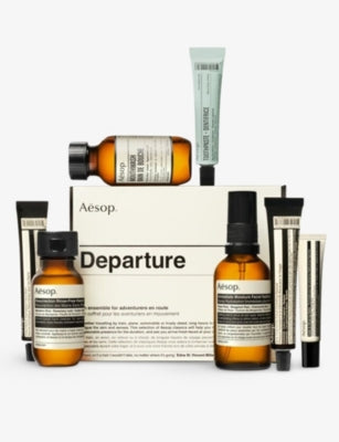 Aesop Departure travel kit with skincare and oral care items - British product