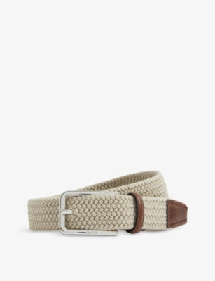 BOSS logo-embossed woven belt with leather trim, imported from the UK