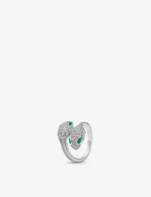 Serpenti Seduttori 18ct white-gold, 0.56ct brilliant-cut diamond and 0.2ct emerald ring - 53mm