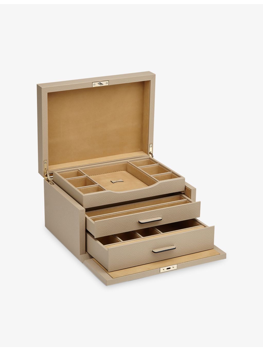 Smythson Panama three-drawer cross-grain leather jewellery box (British brand)