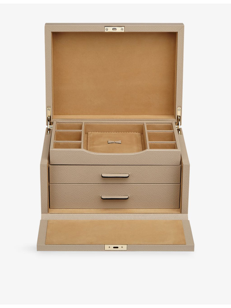 Smythson Panama three-drawer cross-grain leather jewellery box (British brand)