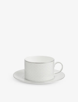 Wedgwood Gio Platinum bone china teacup and saucer, imported from the UK