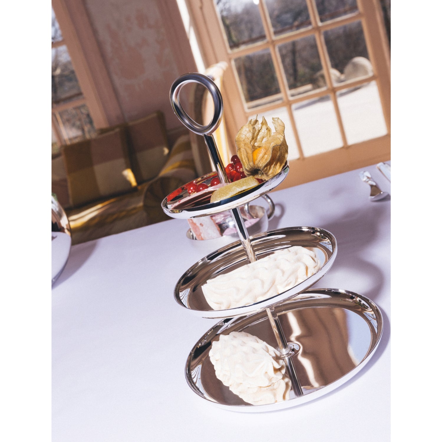 Christofle three-tier silver-plated pastry stand, imported from the UK