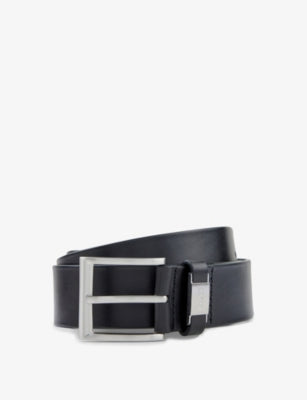 BOSS leather belt with logo-embossed buckle, imported from the UK