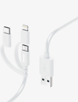 3-in-1 charging cable with USB-C, Lightning, and Micro-USB, imported from the UK