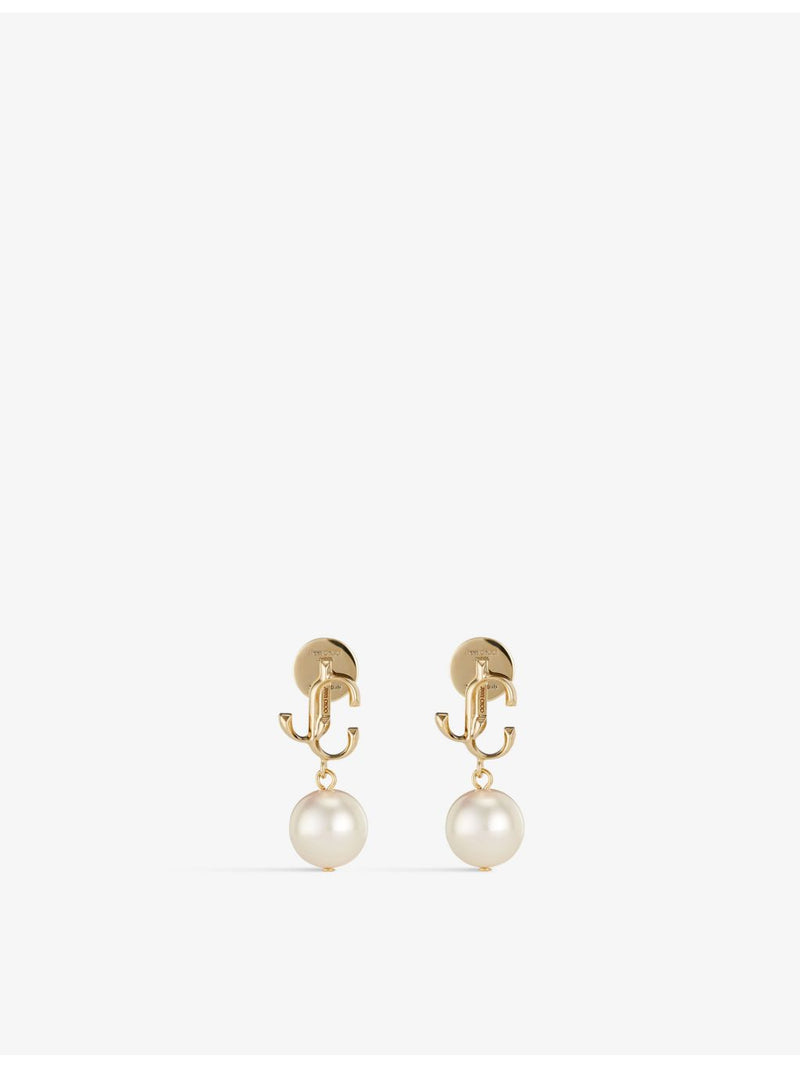 Jimmy Choo gold-toned brass pearl earrings with JC logo (British brand)