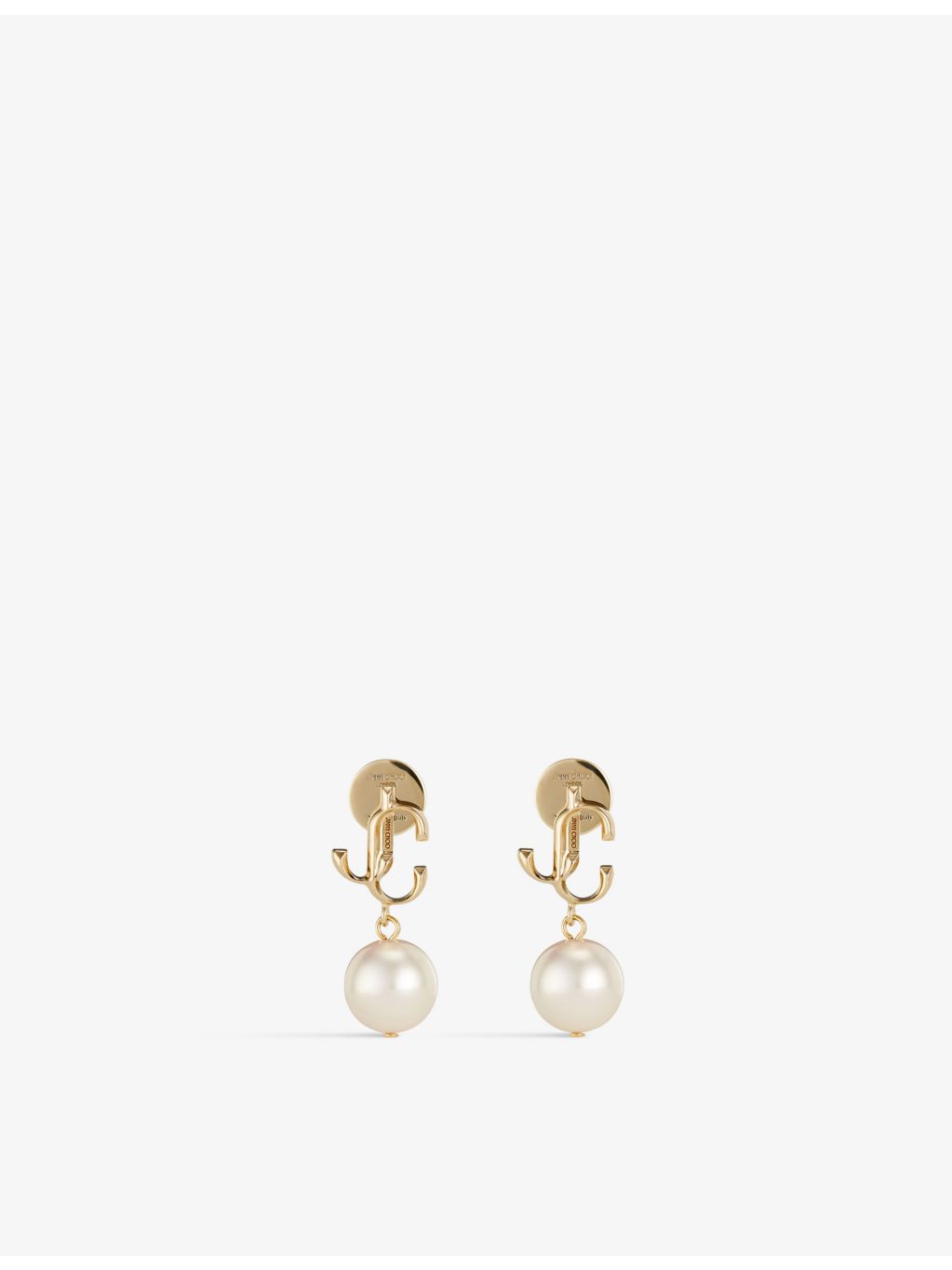 Jimmy Choo gold-toned brass pearl earrings with JC logo (British brand)