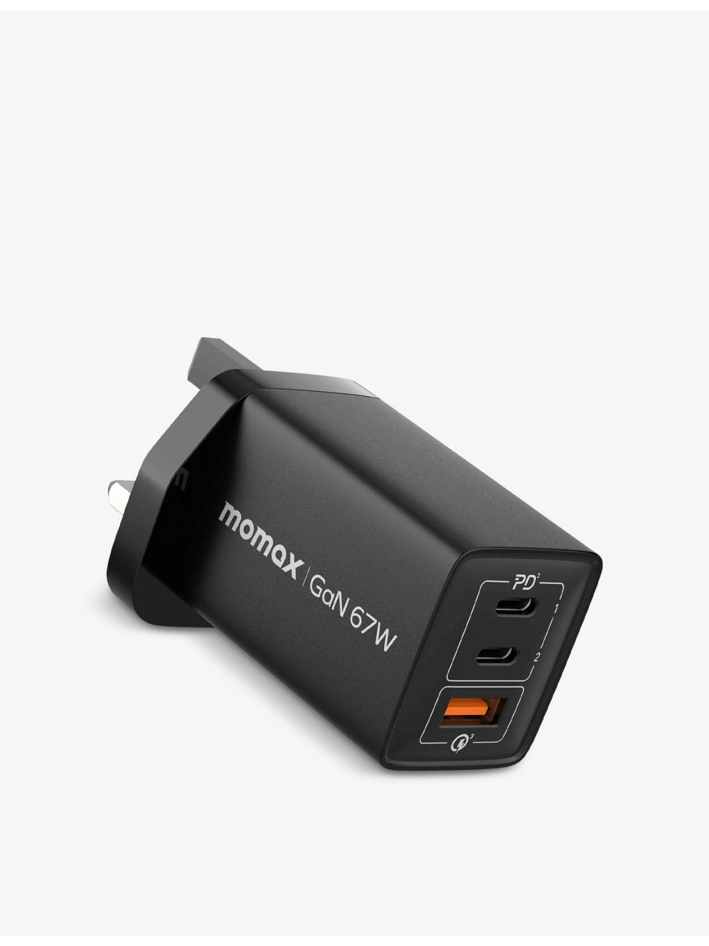 Momax OnePlug 67W 3-port GaN charger in black, imported from the UK