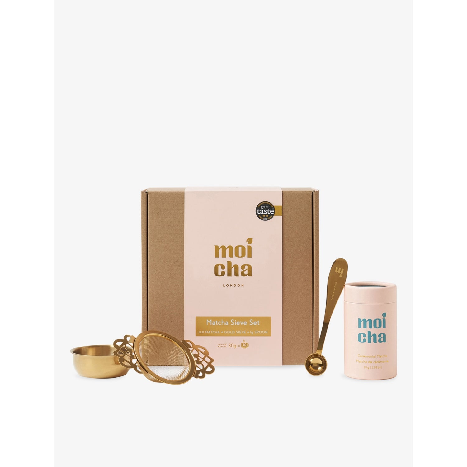 Moicha matcha spoon and strainer gift set with green tea - British product