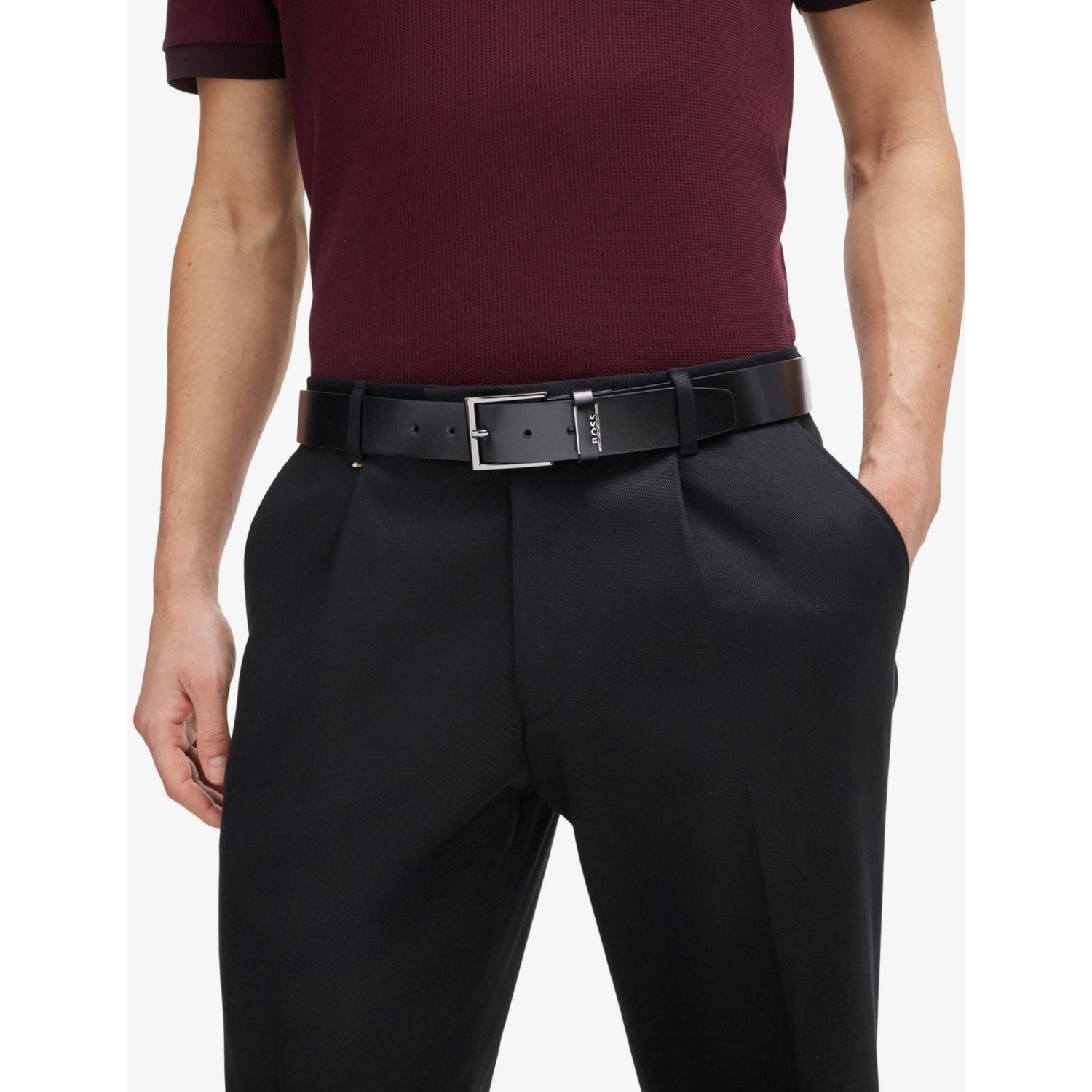 BOSS leather belt with branded buckle and adjustable fastening, UK version