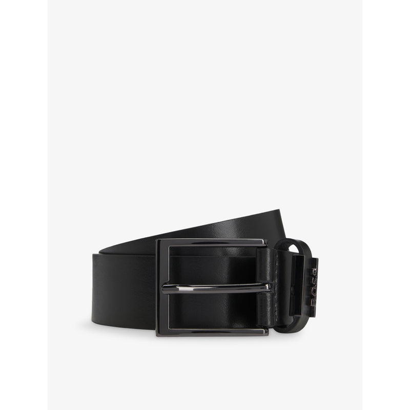 BOSS leather belt with branded buckle and adjustable fastening, UK version