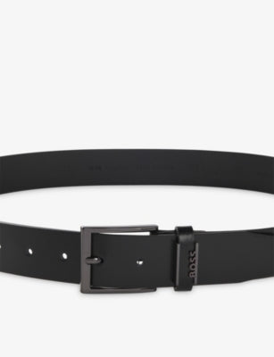 BOSS leather belt with branded buckle and adjustable fastening, UK version