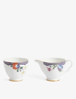 Wedgwood bone china sugar pot and creamer set Fortune floral motif - British product