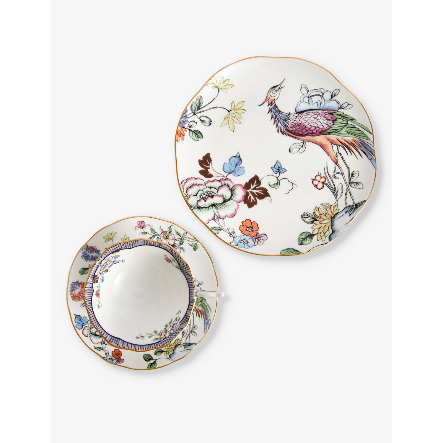 Wedgwood bone china set of three, fortune flowers crane motif, UK version