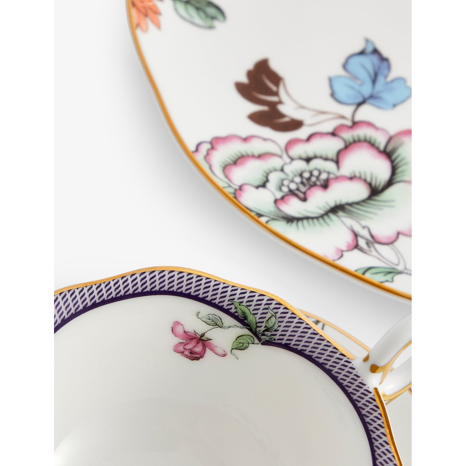 Wedgwood bone china set of three, fortune flowers crane motif, UK version