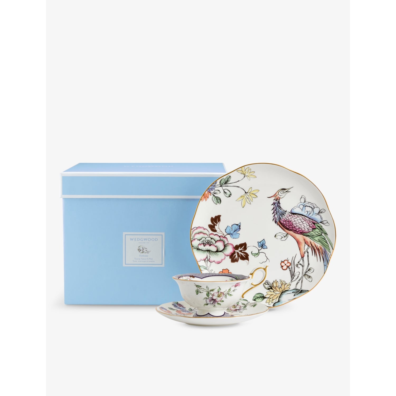 Wedgwood bone china set of three, fortune flowers crane motif, UK version