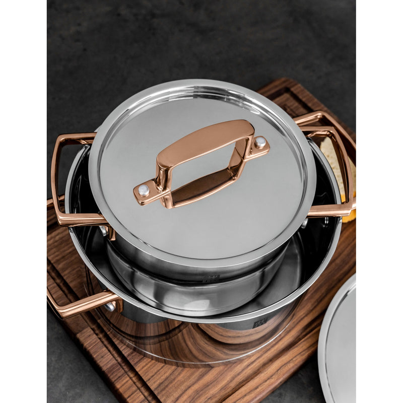 Zwilling 5-piece stainless steel cookware set contrasting handles, imported from the UK