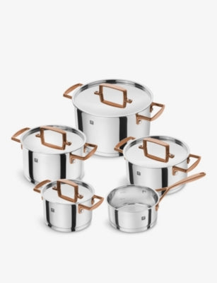 Zwilling 5-piece stainless steel cookware set contrasting handles, imported from the UK