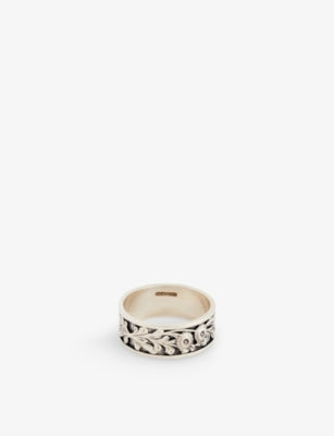 Serge Denimes Kabuto Embossed Sterling Silver and Cubic Zirconia Ring