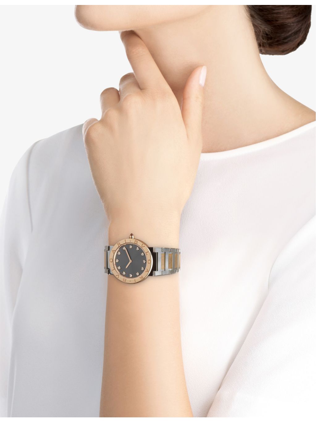 Bvlgari stainless steel rose gold diamond quartz watch, UK version