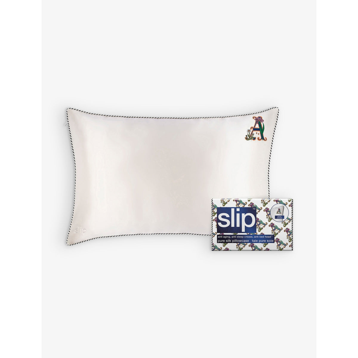 Queen letter-embroidered silk pillowcase 51cm x 76cm - A