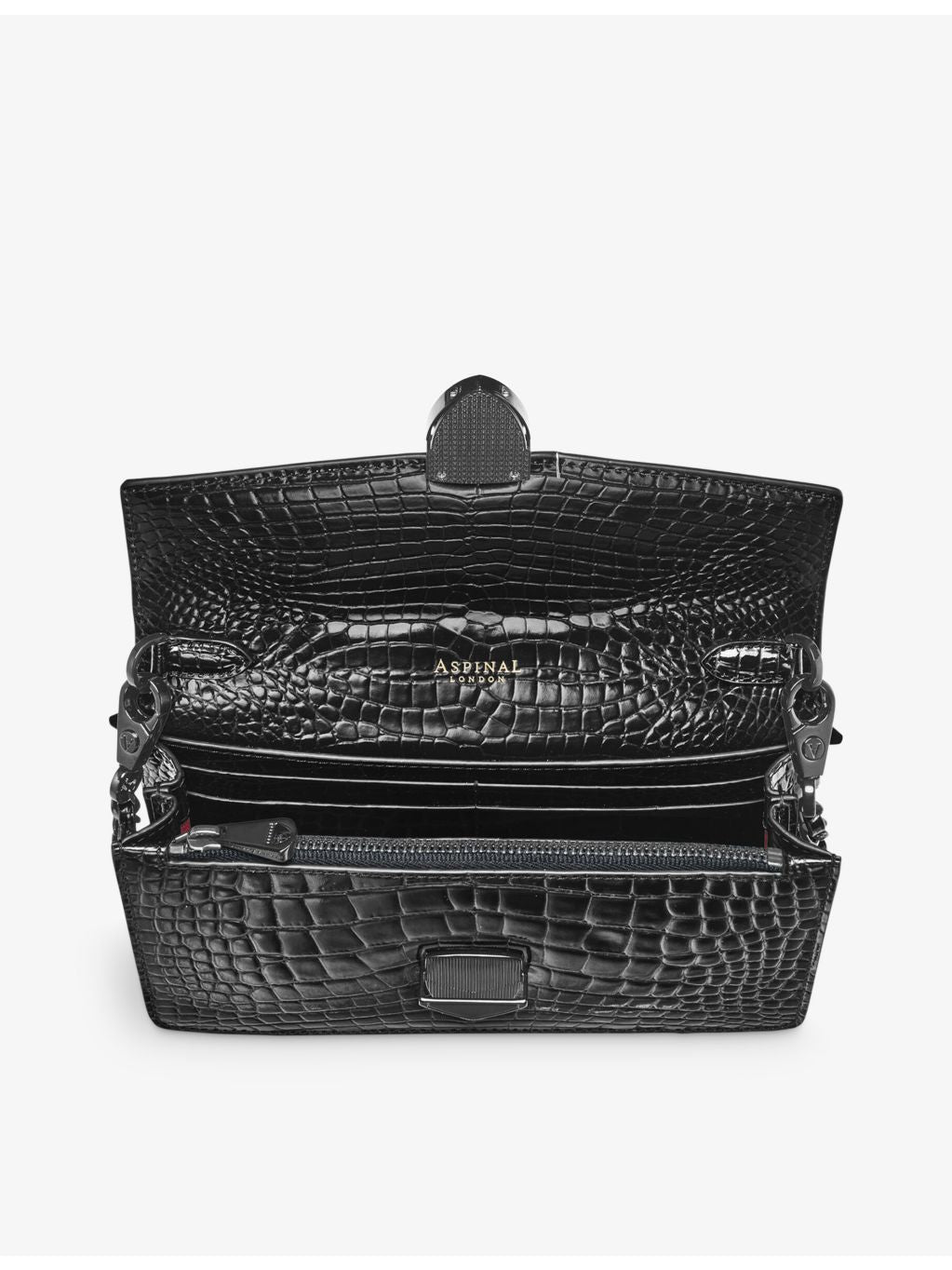 Aspinal of London Mayfair croc-effect leather clutch bag, UK version