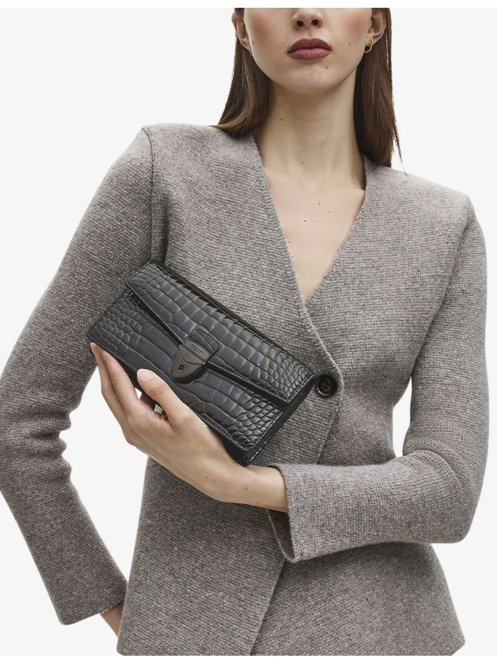 Aspinal of London Mayfair croc-effect leather clutch bag, UK version