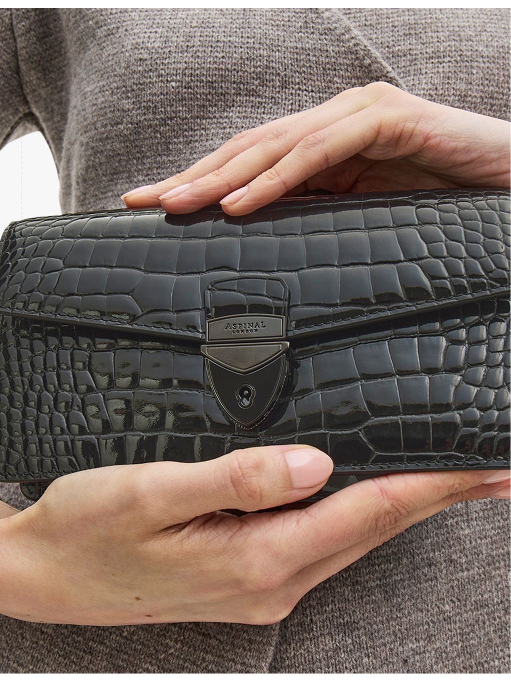 Aspinal of London Mayfair croc-effect leather clutch bag, UK version
