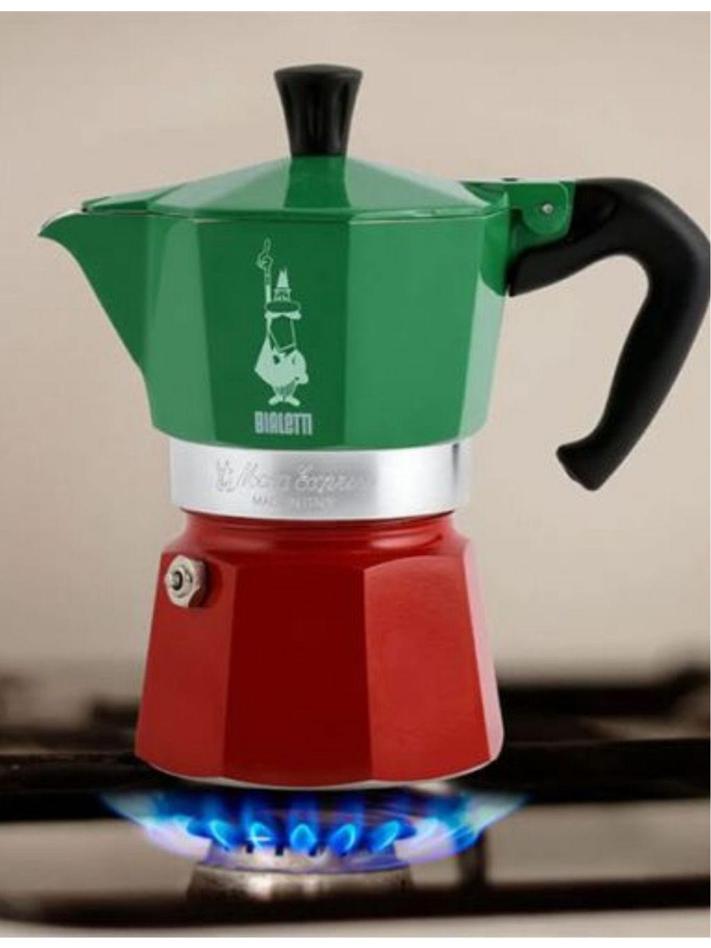 Bialetti Moka Express three-cup aluminium espresso maker, imported from the UK