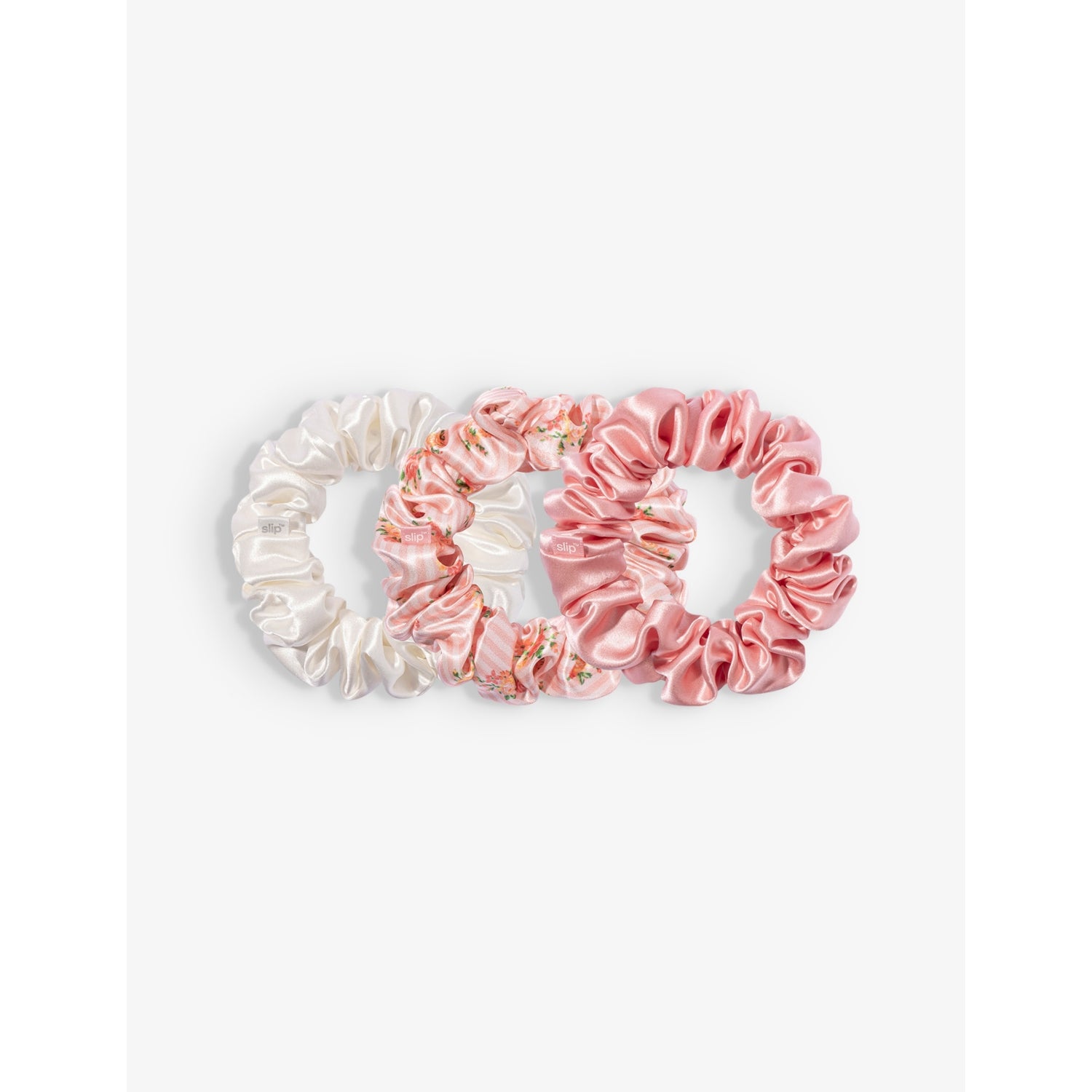 Slip large silk scrunchies in rose, petal and white, UK version