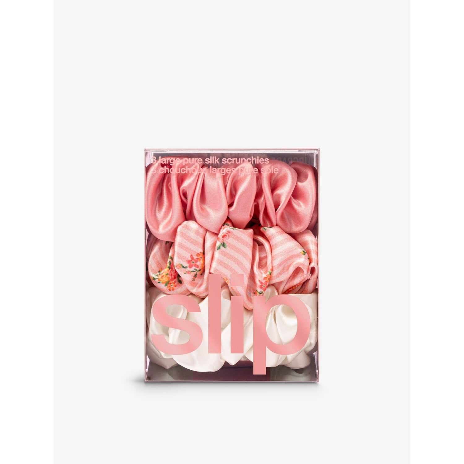 Slip large silk scrunchies in rose, petal and white, UK version