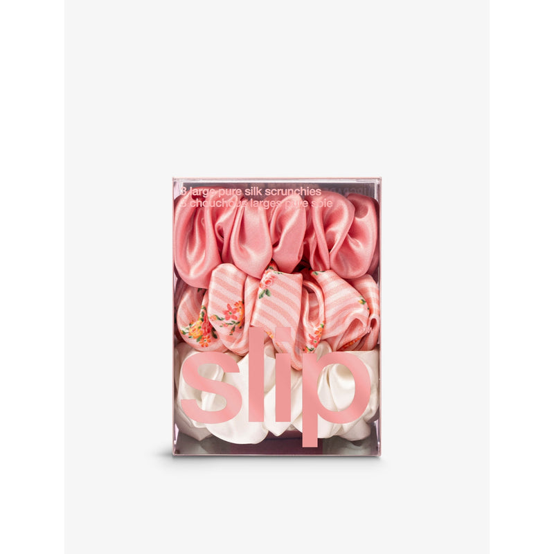 Slip large silk scrunchies in rose, petal and white, UK version