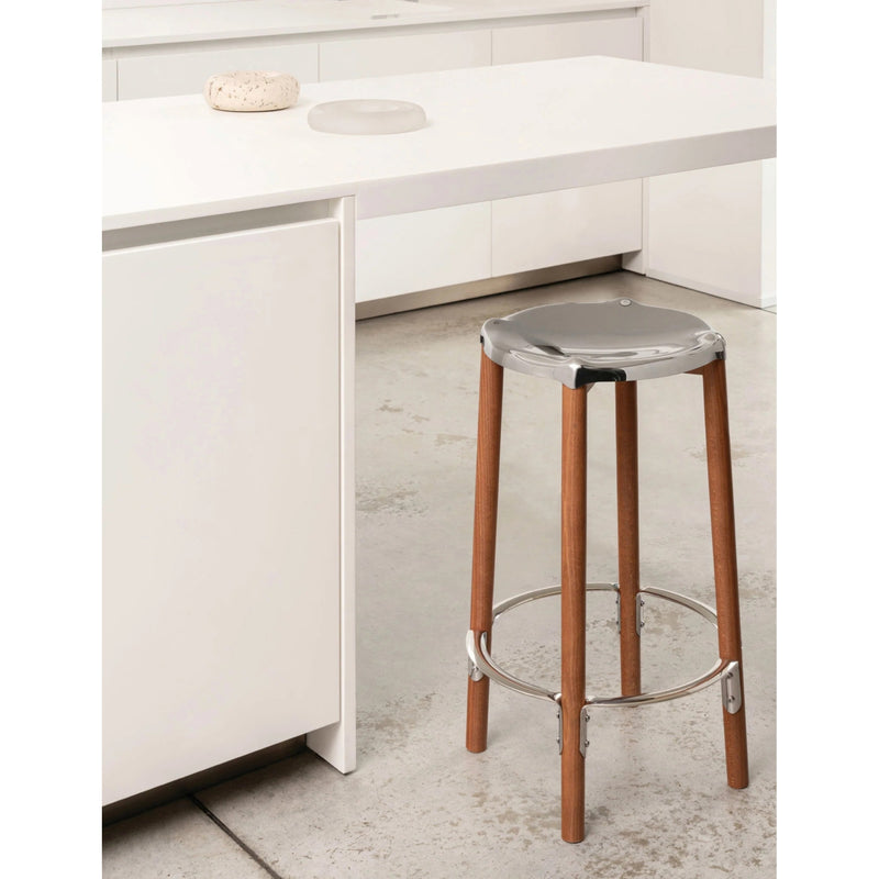 Alessi Philippe Starck steel and beechwood stool 65cm - British product