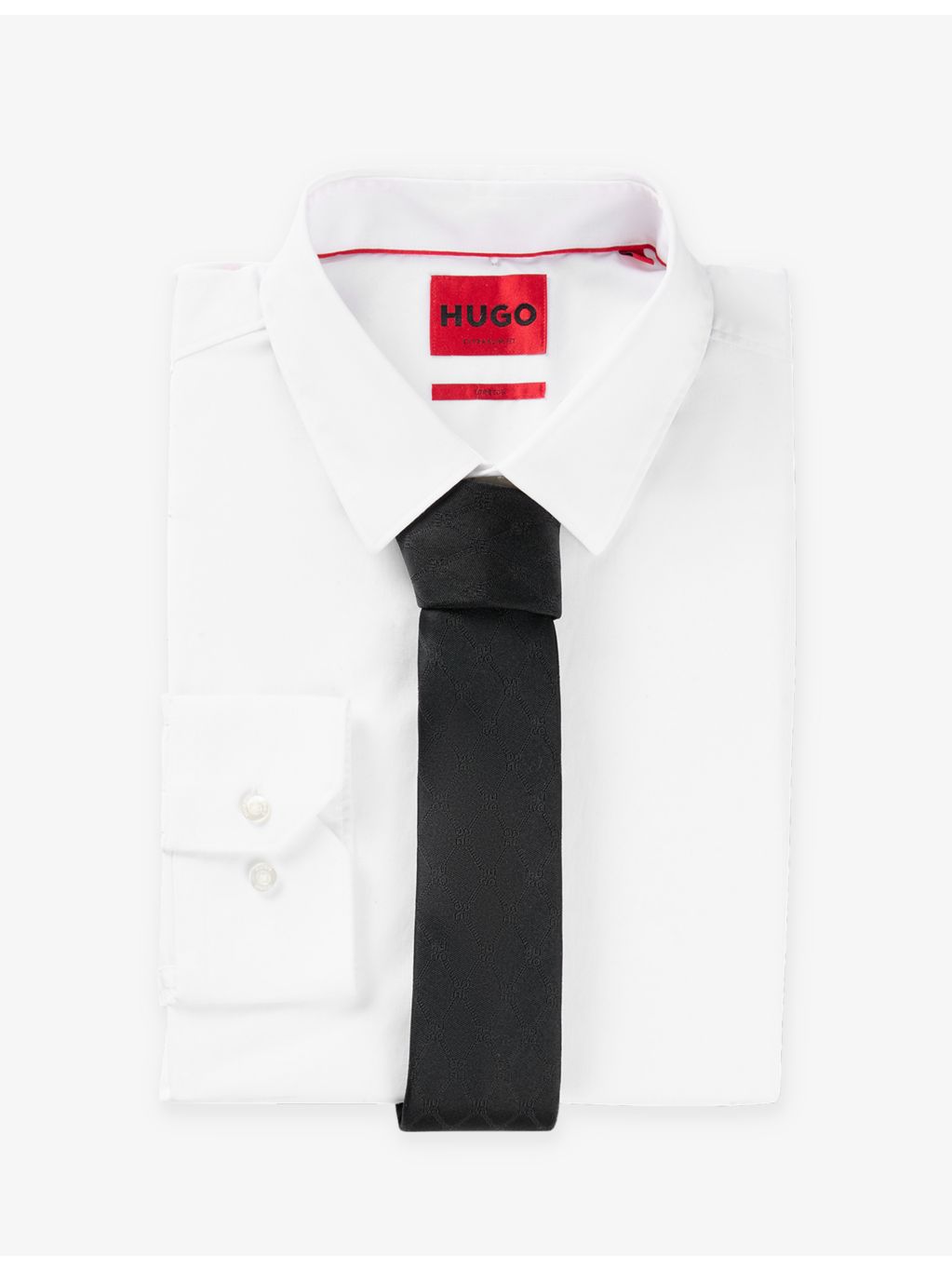 HUGO monogram jacquard silk tie with wide blade, imported from the UK