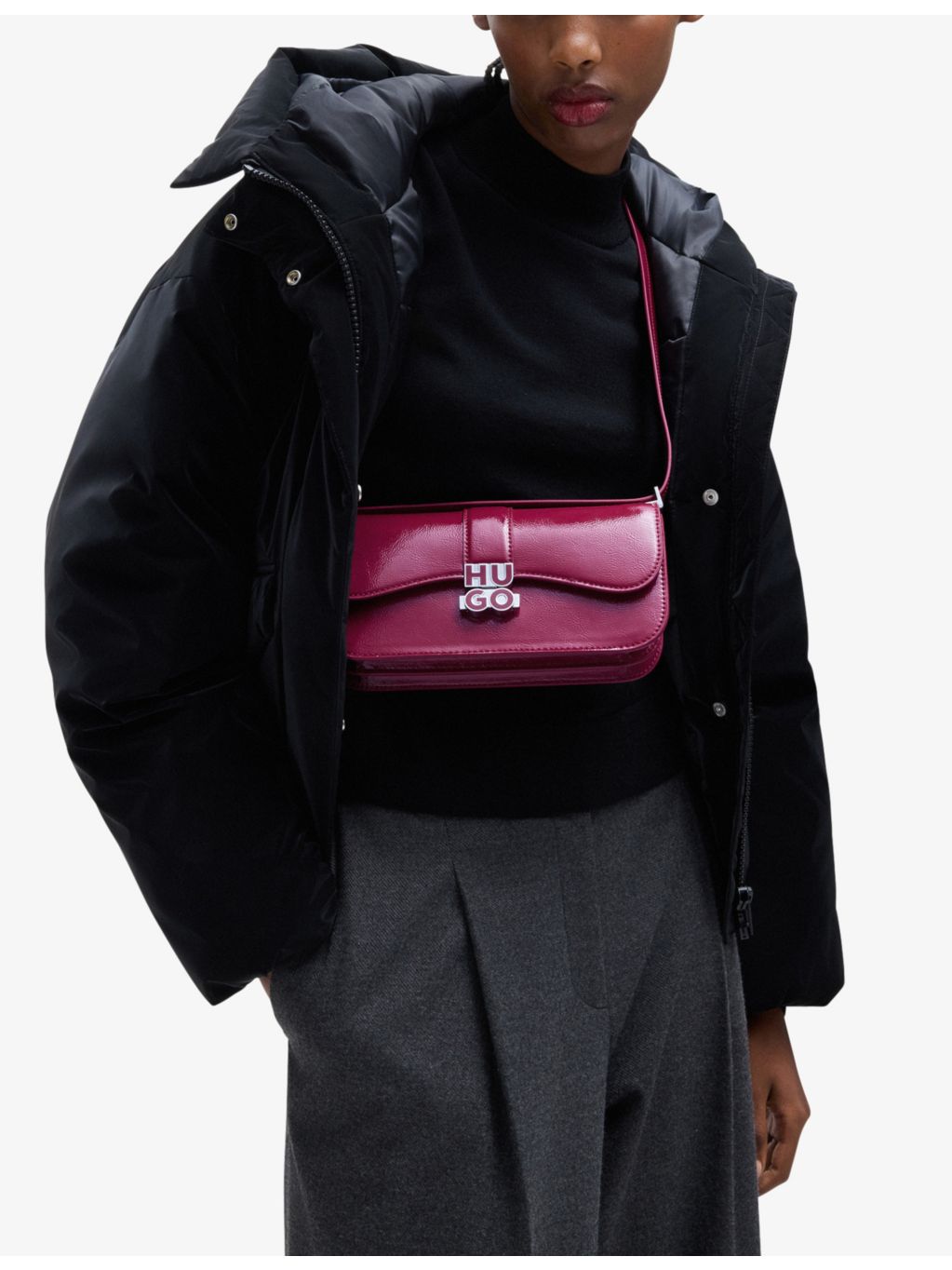 HUGO large faux-leather shoulder bag with logo plaque, imported from the UK