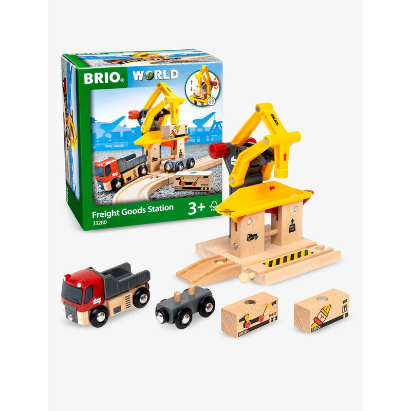 Brio wooden freight station playset with cargo wagon (British brand)