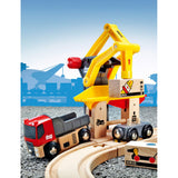 Brio wooden freight station playset with cargo wagon (British brand)