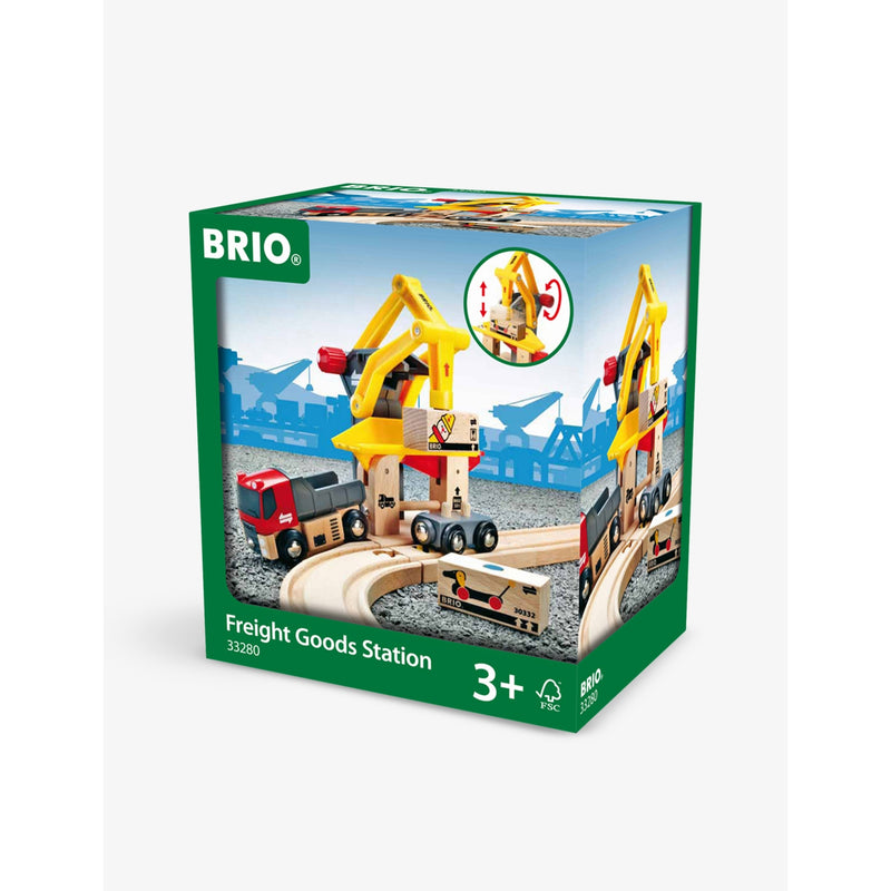 Brio wooden freight station playset with cargo wagon (British brand)