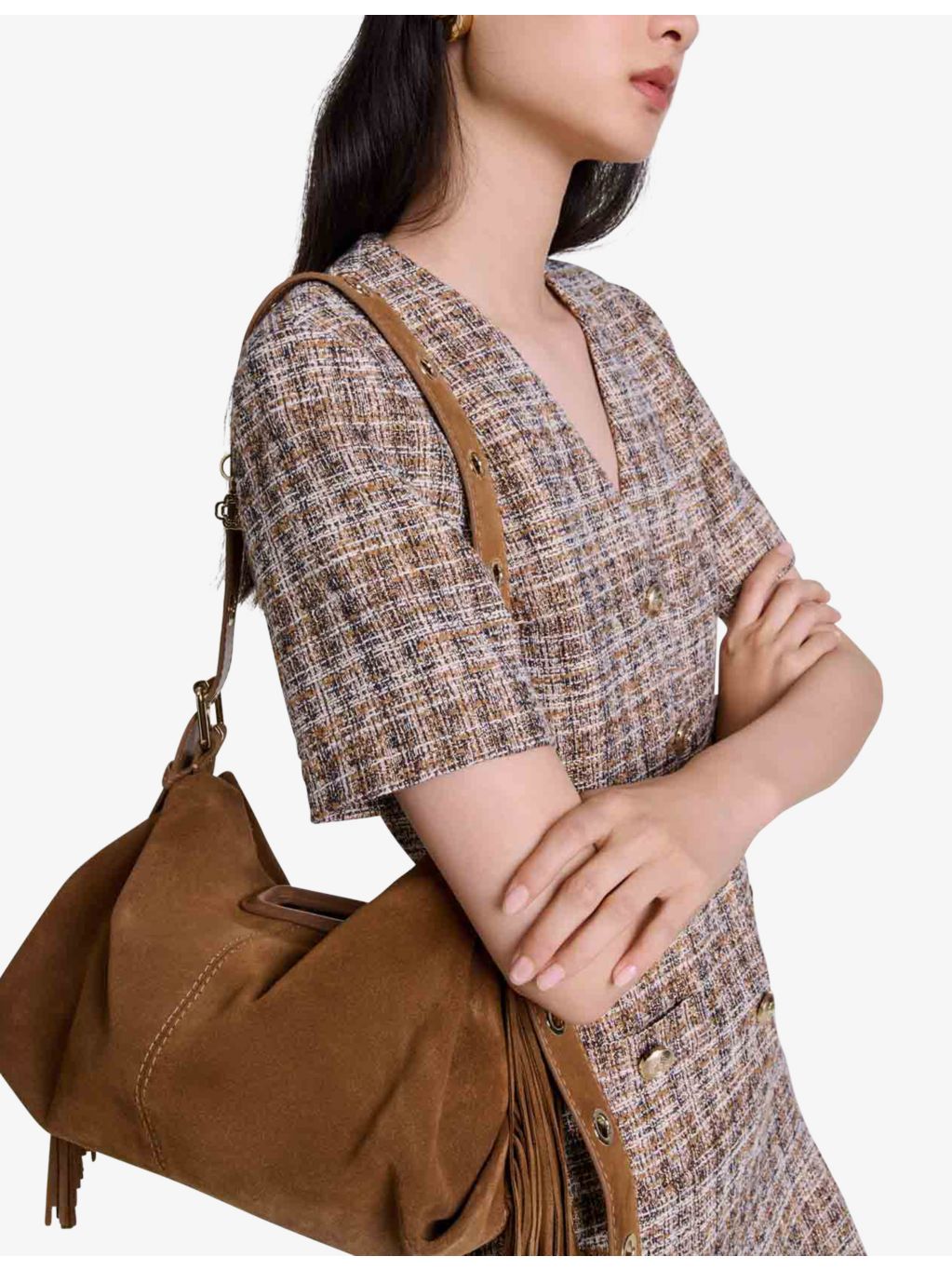 Maje Miss M tassel-embellished suede shoulder bag, UK version