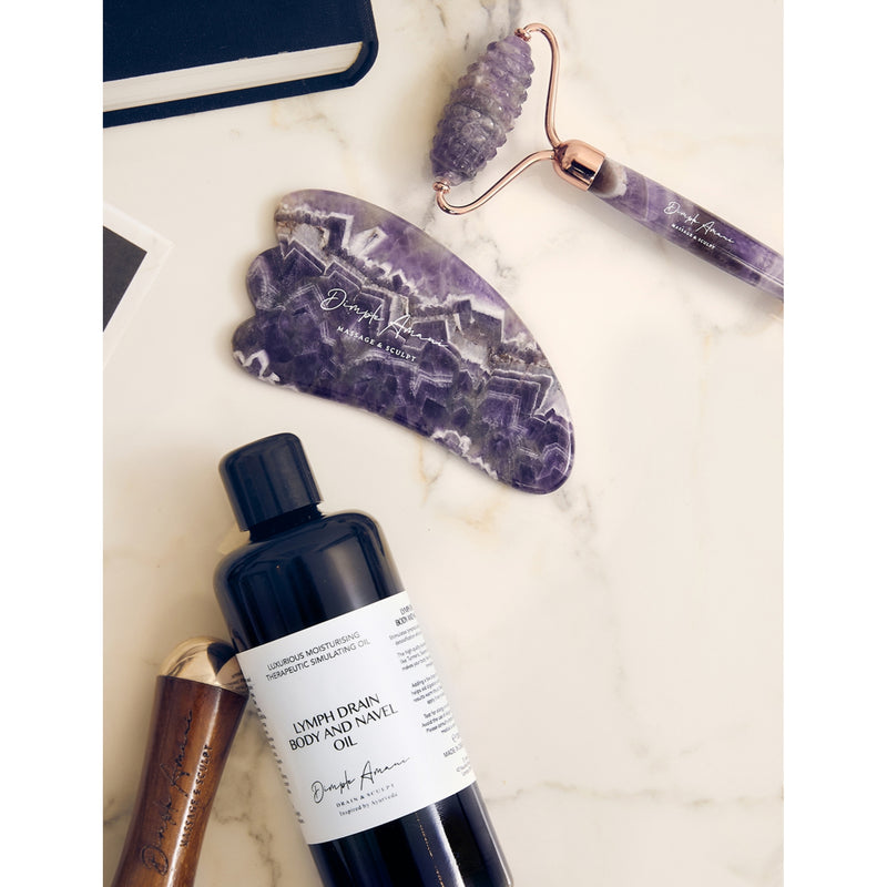Dimple Amani amethyst gua sha and roller pen set - British product